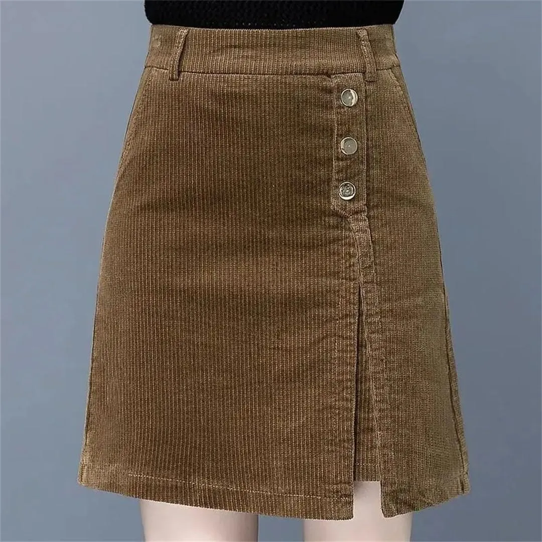Women Corduroy Midi Skirt Long High Waisted A-Line Skirt Autumn and Winter Trend Versatile Short Skirt