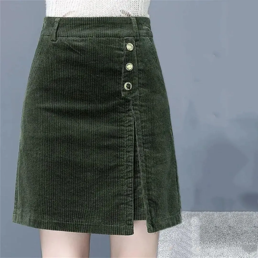 Women Corduroy Midi Skirt Long High Waisted A-Line Skirt Autumn and Winter Trend Versatile Short Skirt