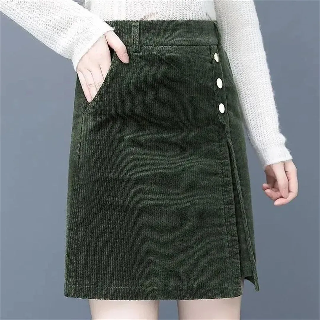 Women Corduroy Midi Skirt Long High Waisted A-Line Skirt Autumn and Winter Trend Versatile Short Skirt