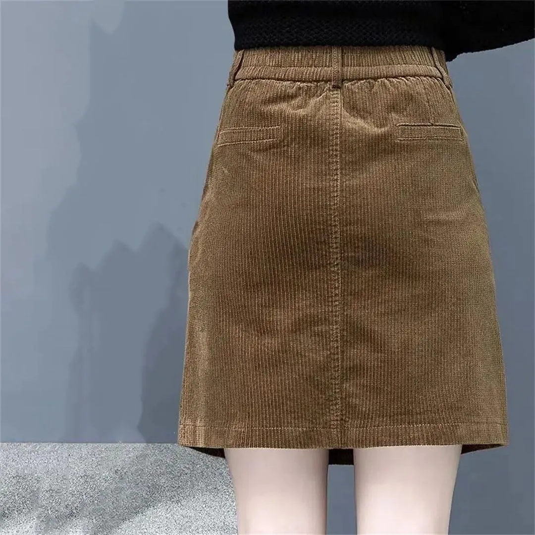 Women Corduroy Midi Skirt Long High Waisted A-Line Skirt Autumn and Winter Trend Versatile Short Skirt