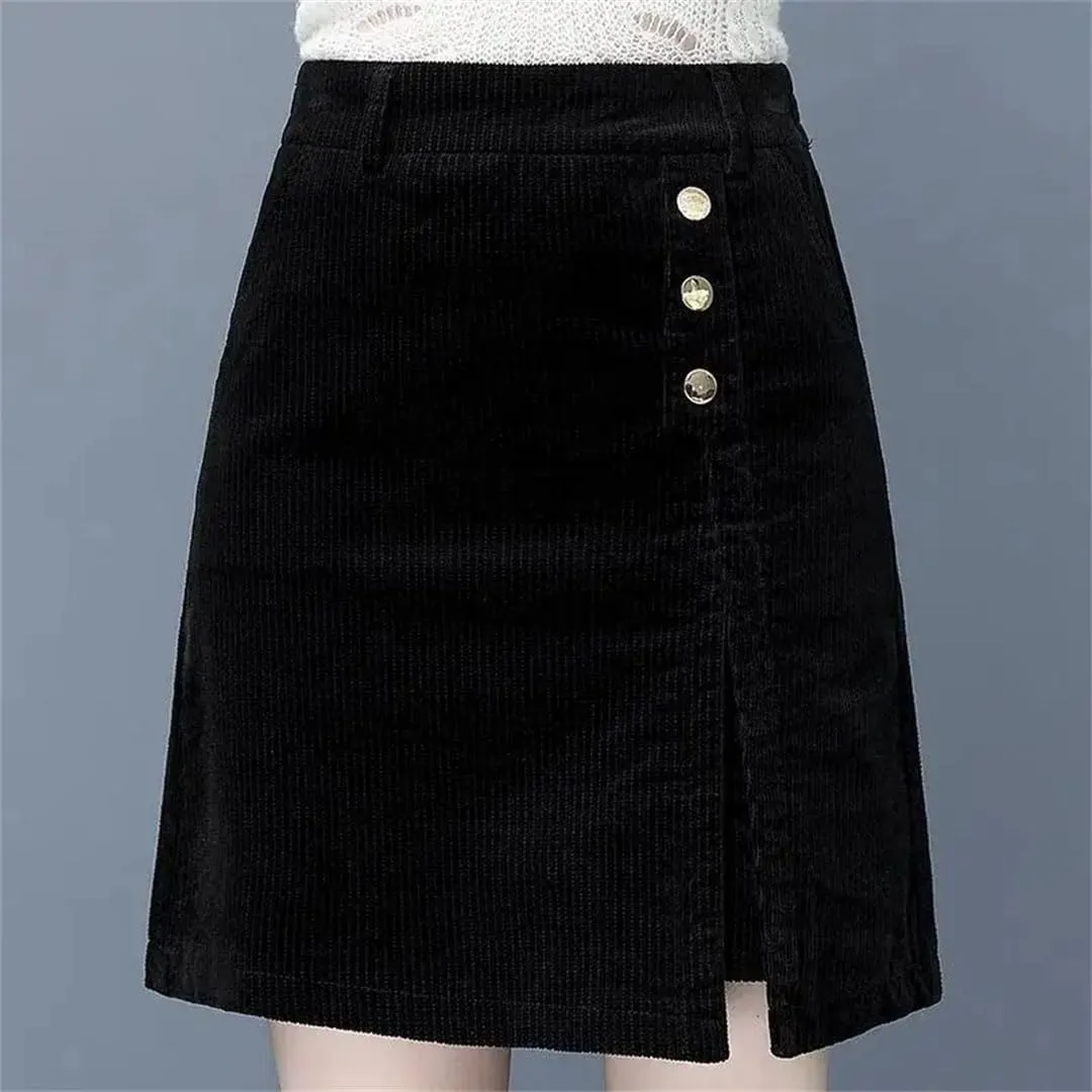 Women Corduroy Midi Skirt Long High Waisted A-Line Skirt Autumn and Winter Trend Versatile Short Skirt