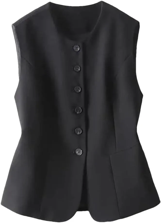 Women Crew Neck Short Suit Vest Solid Single Breasted Pocket Casual Sleeveless Waistcoat