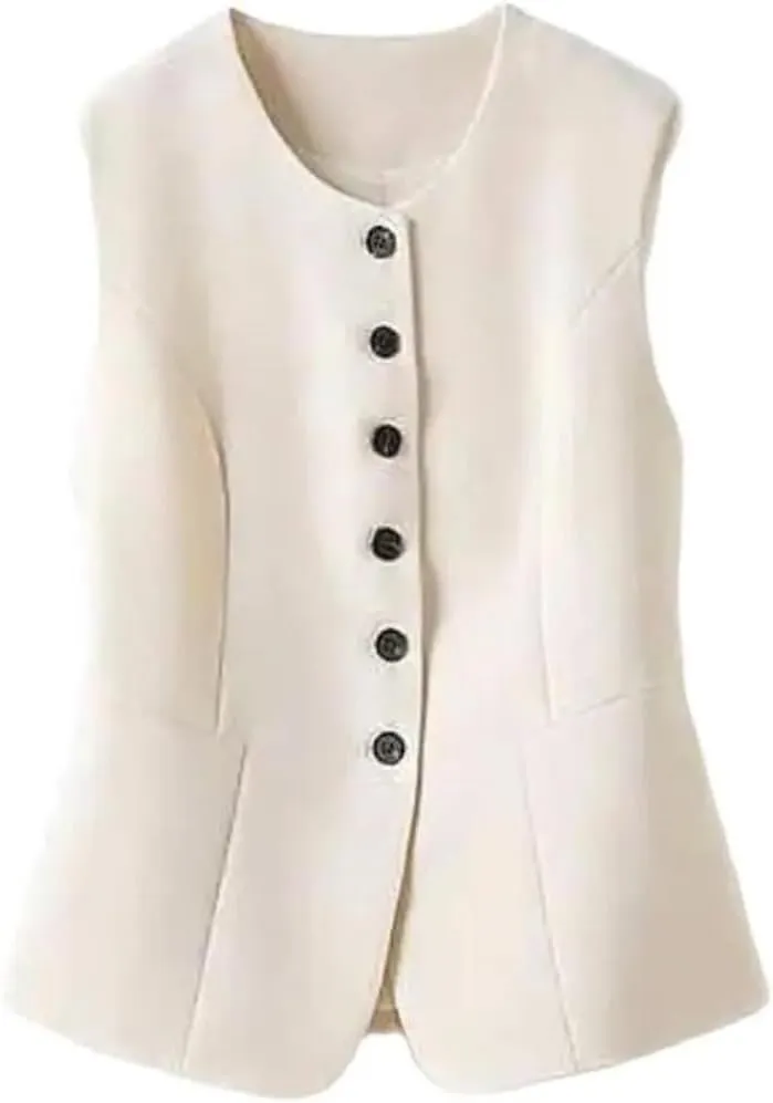 Women Crew Neck Short Suit Vest Solid Single Breasted Pocket Casual Sleeveless Waistcoat