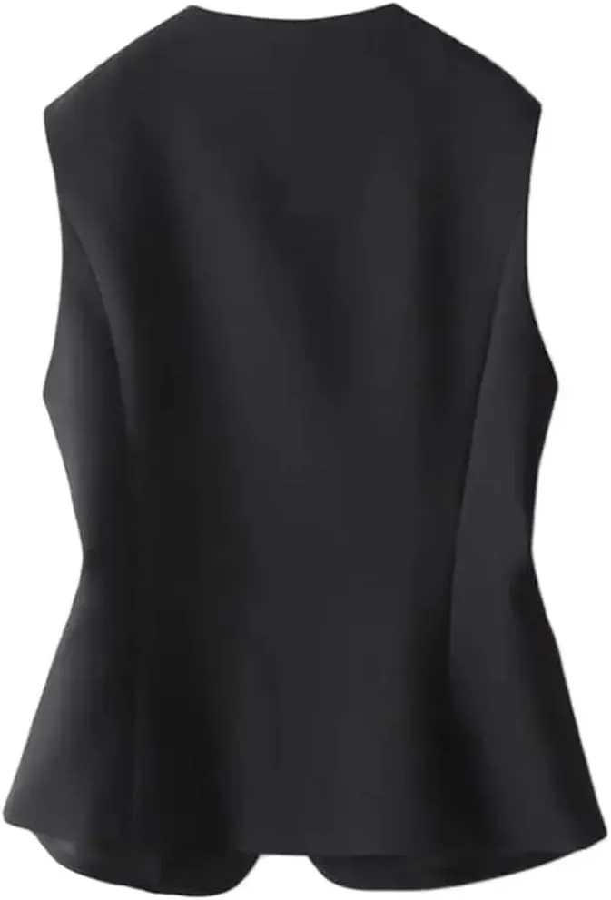 Women Crew Neck Short Suit Vest Solid Single Breasted Pocket Casual Sleeveless Waistcoat
