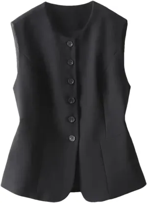 Women Crew Neck Short Suit Vest Solid Single Breasted Pocket Casual Sleeveless Waistcoat