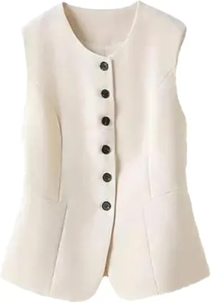 Women Crew Neck Short Suit Vest Solid Single Breasted Pocket Casual Sleeveless Waistcoat