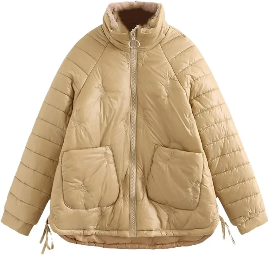 Women Cropped Parka Padded Jacket Solid Down Cotton Coat Warm Casual Loose Outerwear