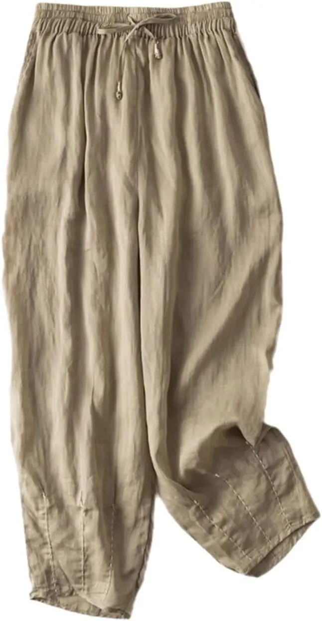 Women Embroidery Wide Leg Pants Summer Vintage Trousers Casual Drawstring Harem Pants