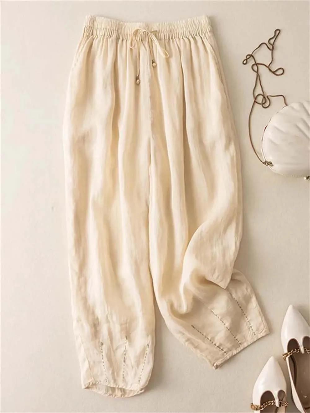 Women Embroidery Wide Leg Pants Summer Vintage Trousers Casual Drawstring Harem Pants