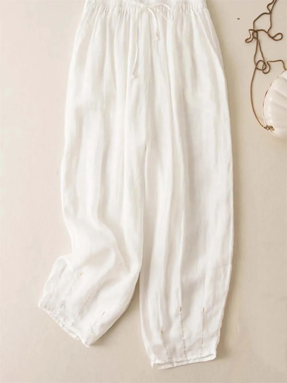 Women Embroidery Wide Leg Pants Summer Vintage Trousers Casual Drawstring Harem Pants