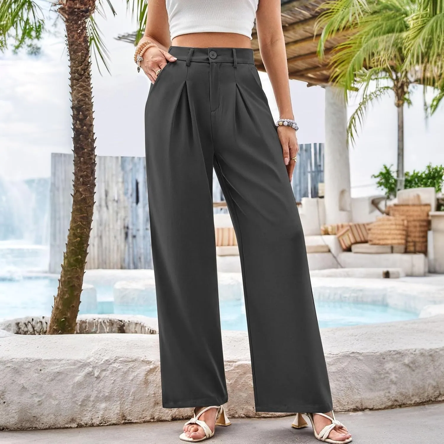 Women High Waist Business Casual Palazzo Trousers Button Down Loose Work Office Business Dress Pants Suit Pant