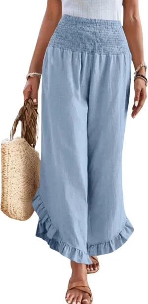 Women Linen Palazzo Pants Casual Flowy Summer Wide Leg Boho Trousers Smocked Waist Ruffle Hem Beach Pants with Pockets