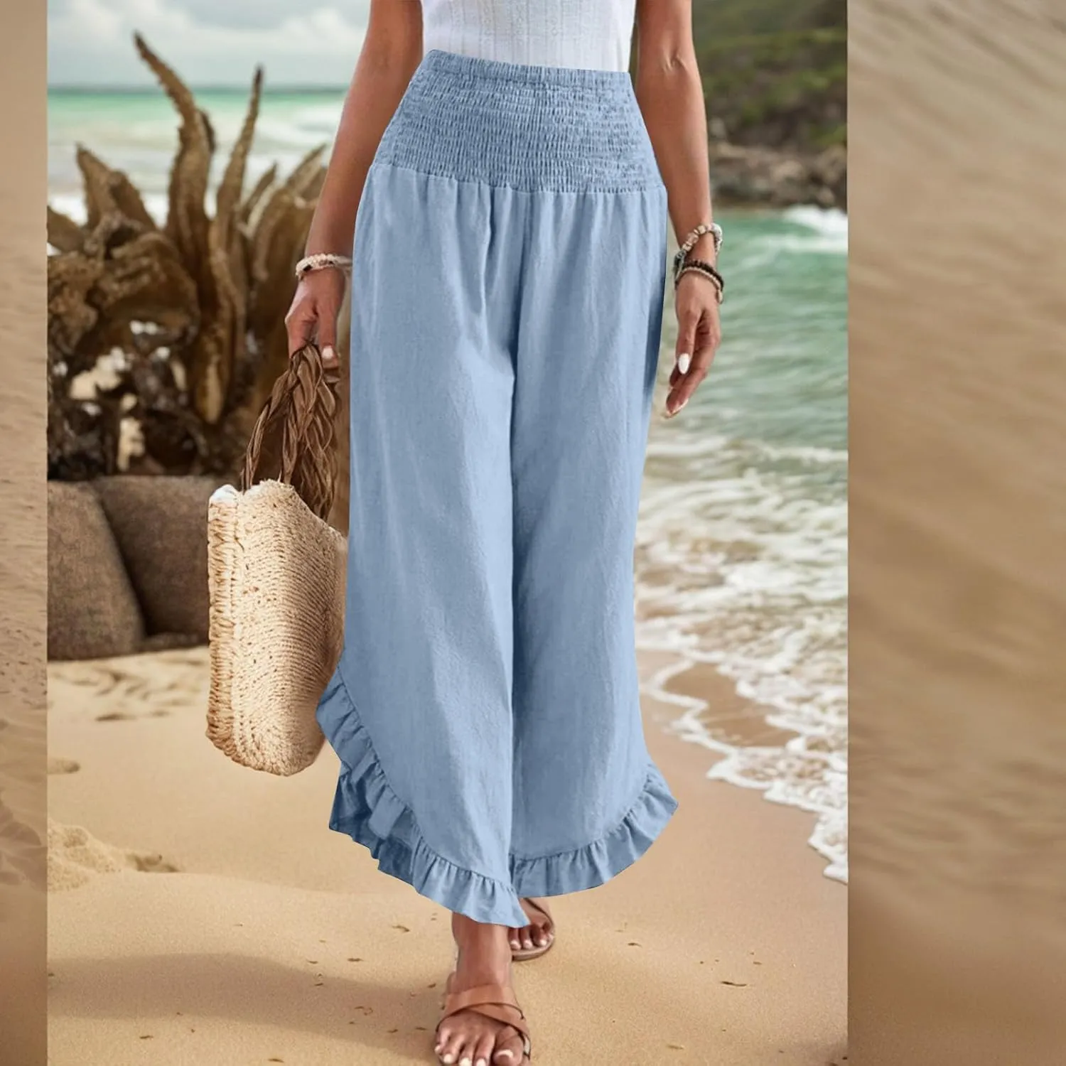 Women Linen Palazzo Pants Casual Flowy Summer Wide Leg Boho Trousers Smocked Waist Ruffle Hem Beach Pants with Pockets