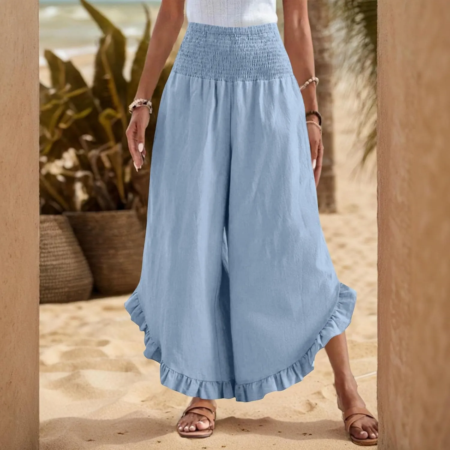 Women Linen Palazzo Pants Casual Flowy Summer Wide Leg Boho Trousers Smocked Waist Ruffle Hem Beach Pants with Pockets