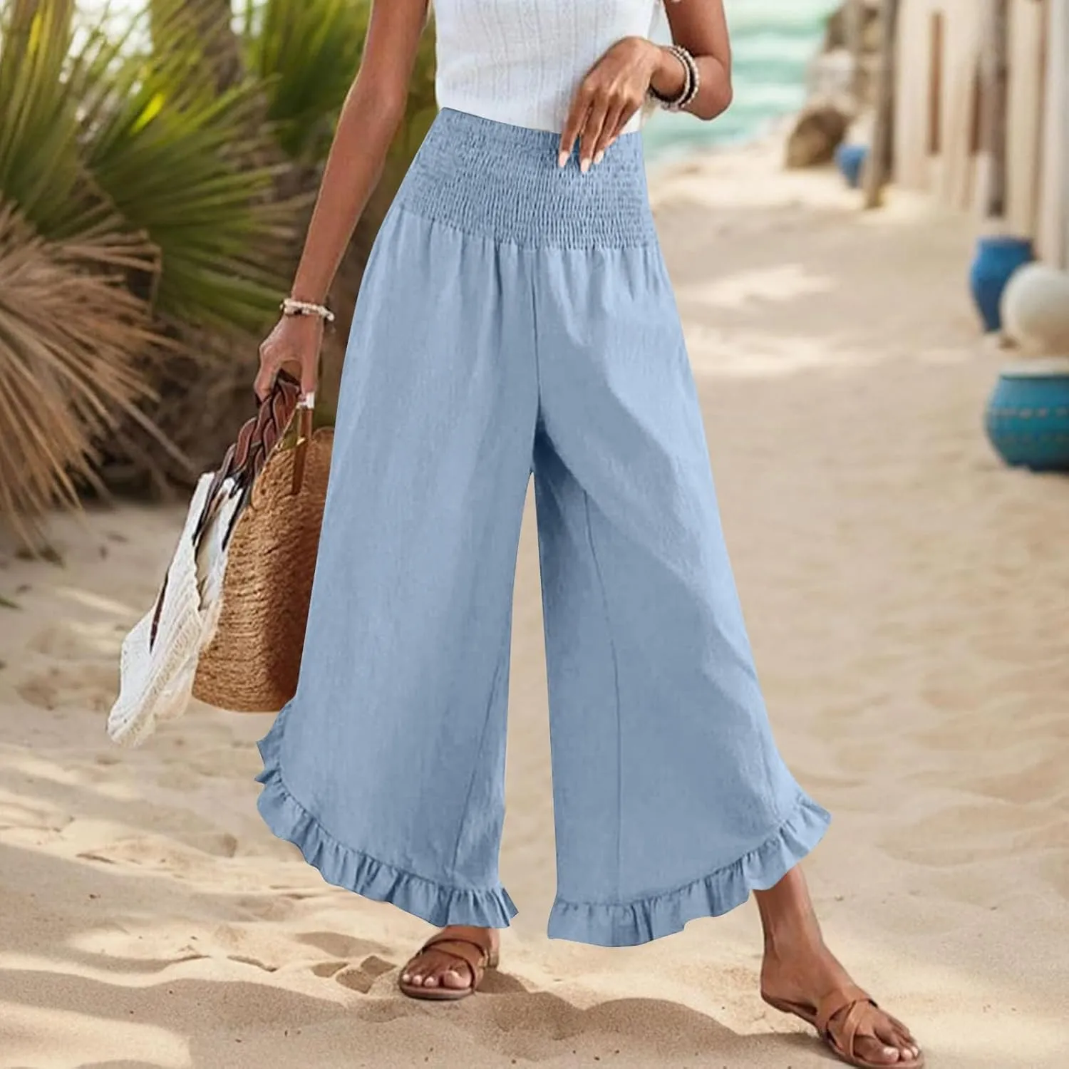 Women Linen Palazzo Pants Casual Flowy Summer Wide Leg Boho Trousers Smocked Waist Ruffle Hem Beach Pants with Pockets