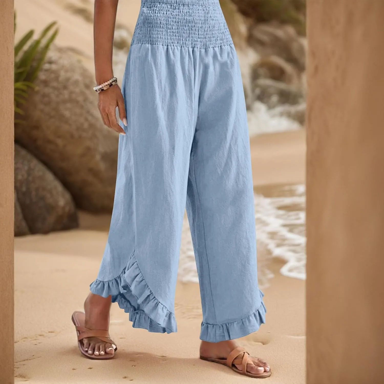 Women Linen Palazzo Pants Casual Flowy Summer Wide Leg Boho Trousers Smocked Waist Ruffle Hem Beach Pants with Pockets