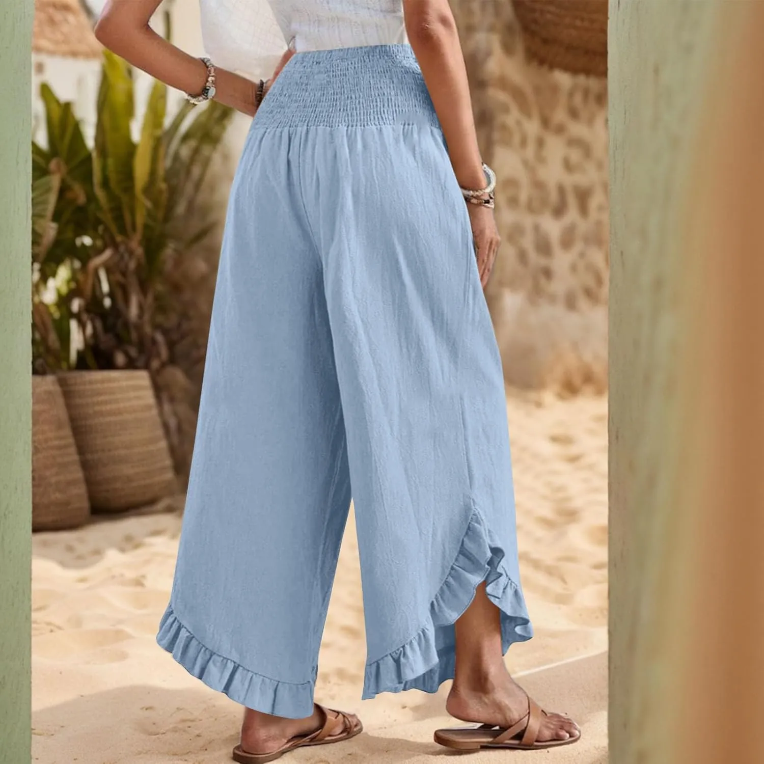 Women Linen Palazzo Pants Casual Flowy Summer Wide Leg Boho Trousers Smocked Waist Ruffle Hem Beach Pants with Pockets