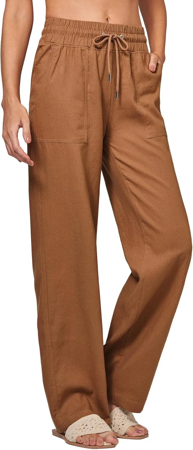 Women Linen Pants Wide Leg Palazzo Pants Cotton Linen Drawstring Summer Pants with Pockets 29"/31"/ 33"