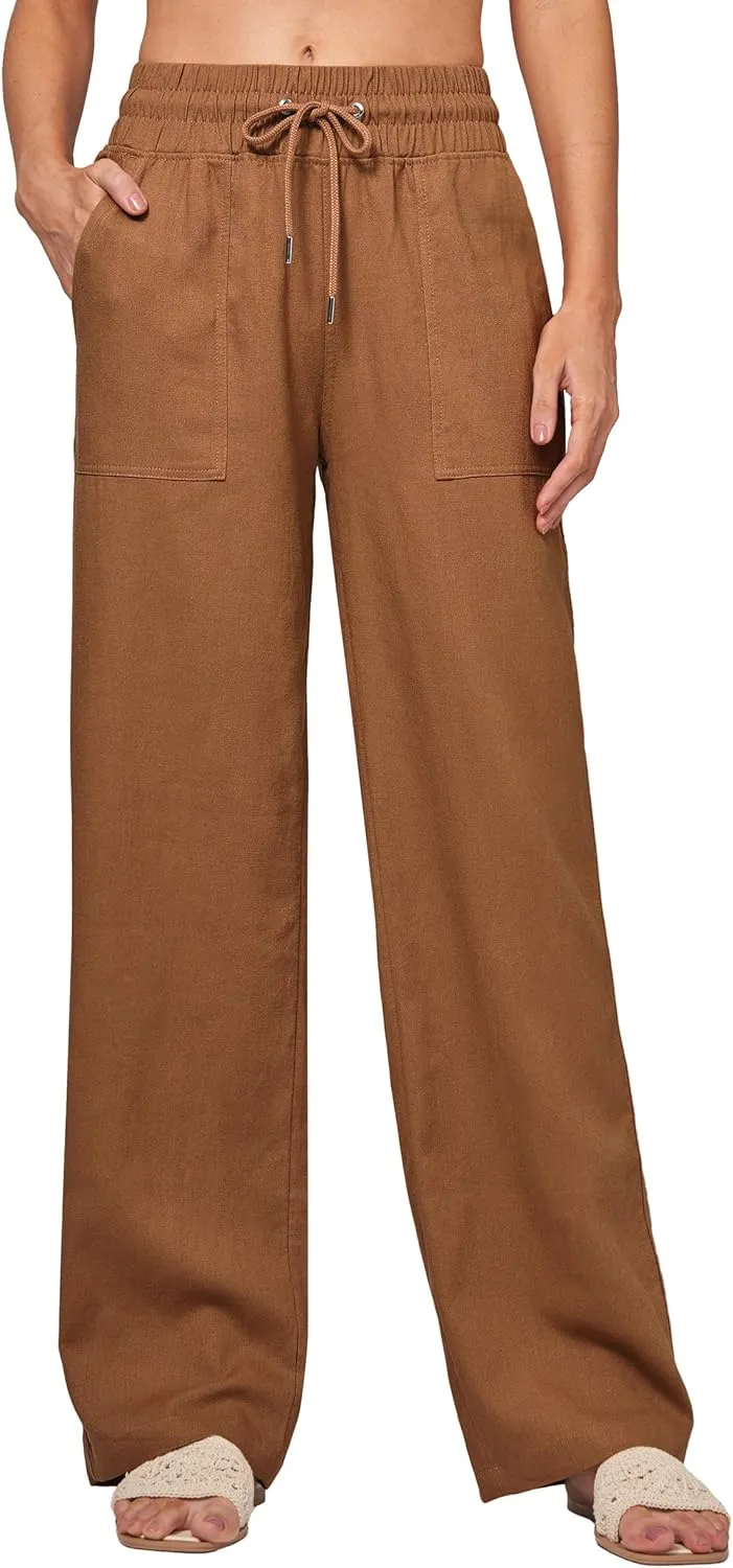 Women Linen Pants Wide Leg Palazzo Pants Cotton Linen Drawstring Summer Pants with Pockets 29"/31"/ 33"