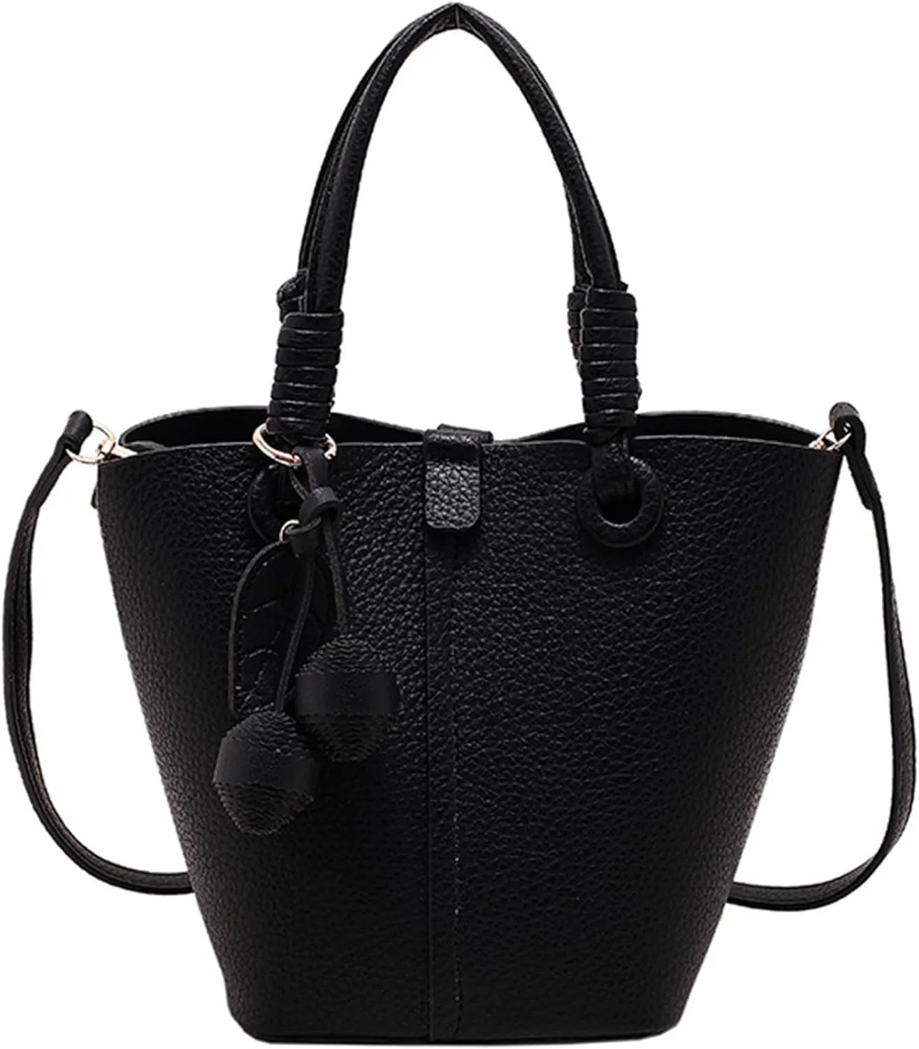Women Litchi Embossed Bucket Bag Charm Shoulder Bags Casual Versatile Texture Soft Leather Crossbody Bags (Black)