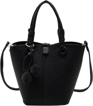 Women Litchi Embossed Bucket Bag Charm Shoulder Bags Casual Versatile Texture Soft Leather Crossbody Bags (Black)
