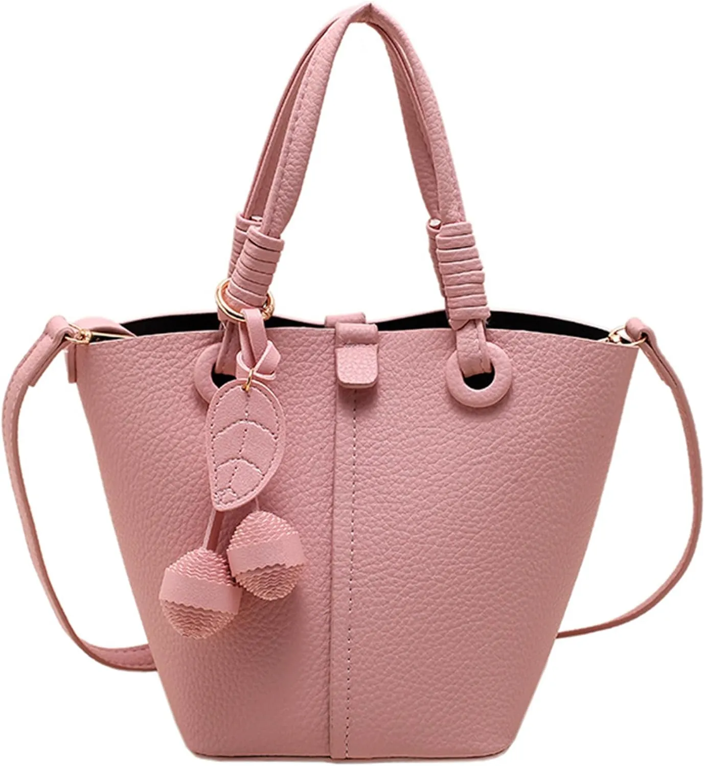 Women Litchi Embossed Bucket Bag Charm Shoulder Bags Casual Versatile Texture Soft Leather Crossbody Bags (Pink)