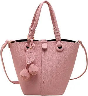 Women Litchi Embossed Bucket Bag Charm Shoulder Bags Casual Versatile Texture Soft Leather Crossbody Bags (Pink)