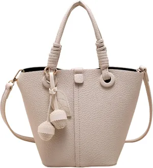 Women Litchi Embossed Bucket Bag Charm Shoulder Bags Casual Versatile Texture Soft Leather Crossbody Bags (White)