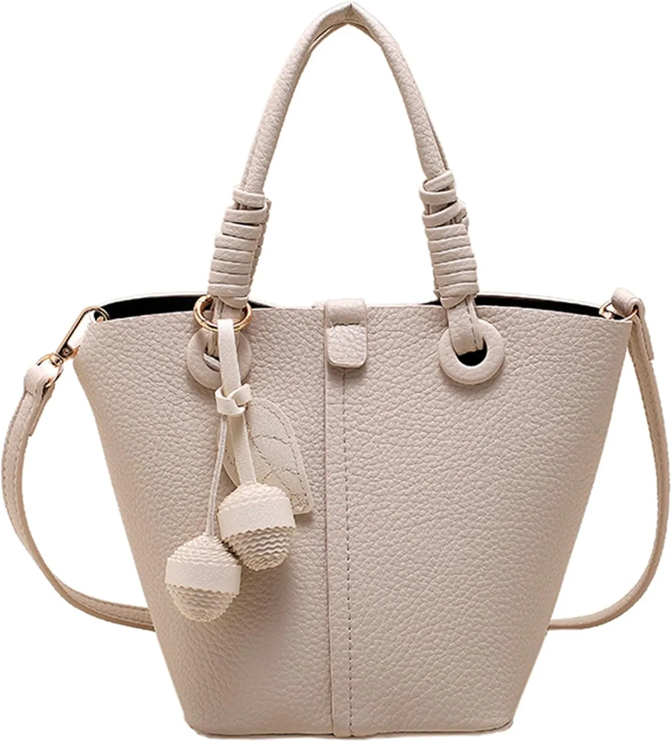 Women Litchi Embossed Bucket Bag Charm Shoulder Bags Casual Versatile Texture Soft Leather Crossbody Bags (White)