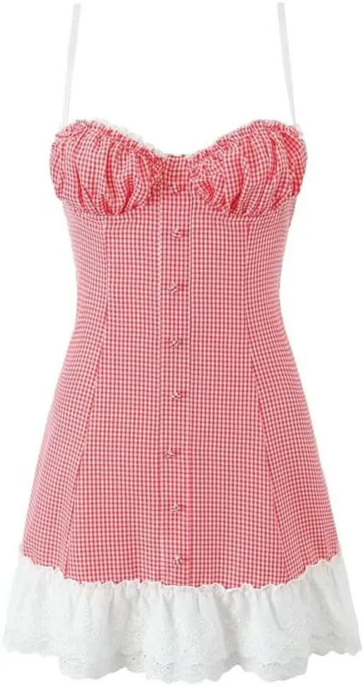Women Low Ruched Chest Wire Corset Style Spliced Ruffles Lace Hem Cross Lacing Up Back Sling Mini Dresses