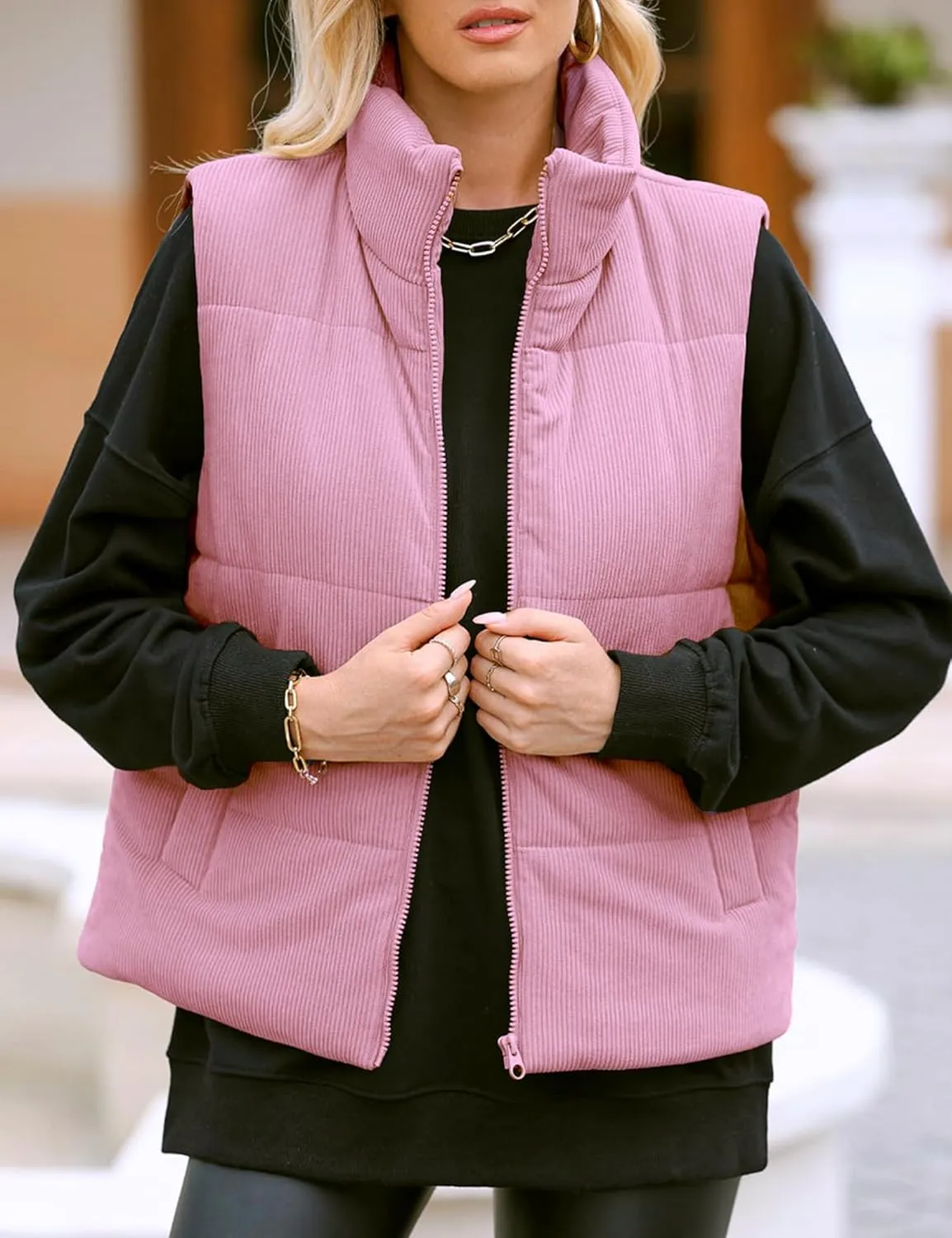 Women Quilted Puffer Vest Corduroy Sleeveless Jacket Zip Up Stand collar Lightweight Outerwear with Pocket 2025 Trendy