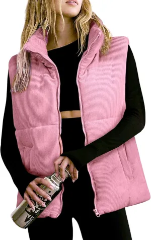 Women Quilted Puffer Vest Corduroy Sleeveless Jacket Zip Up Stand collar Lightweight Outerwear with Pocket 2025 Trendy
