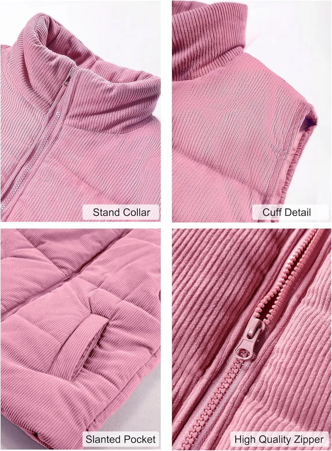 Women Quilted Puffer Vest Corduroy Sleeveless Jacket Zip Up Stand collar Lightweight Outerwear with Pocket 2025 Trendy