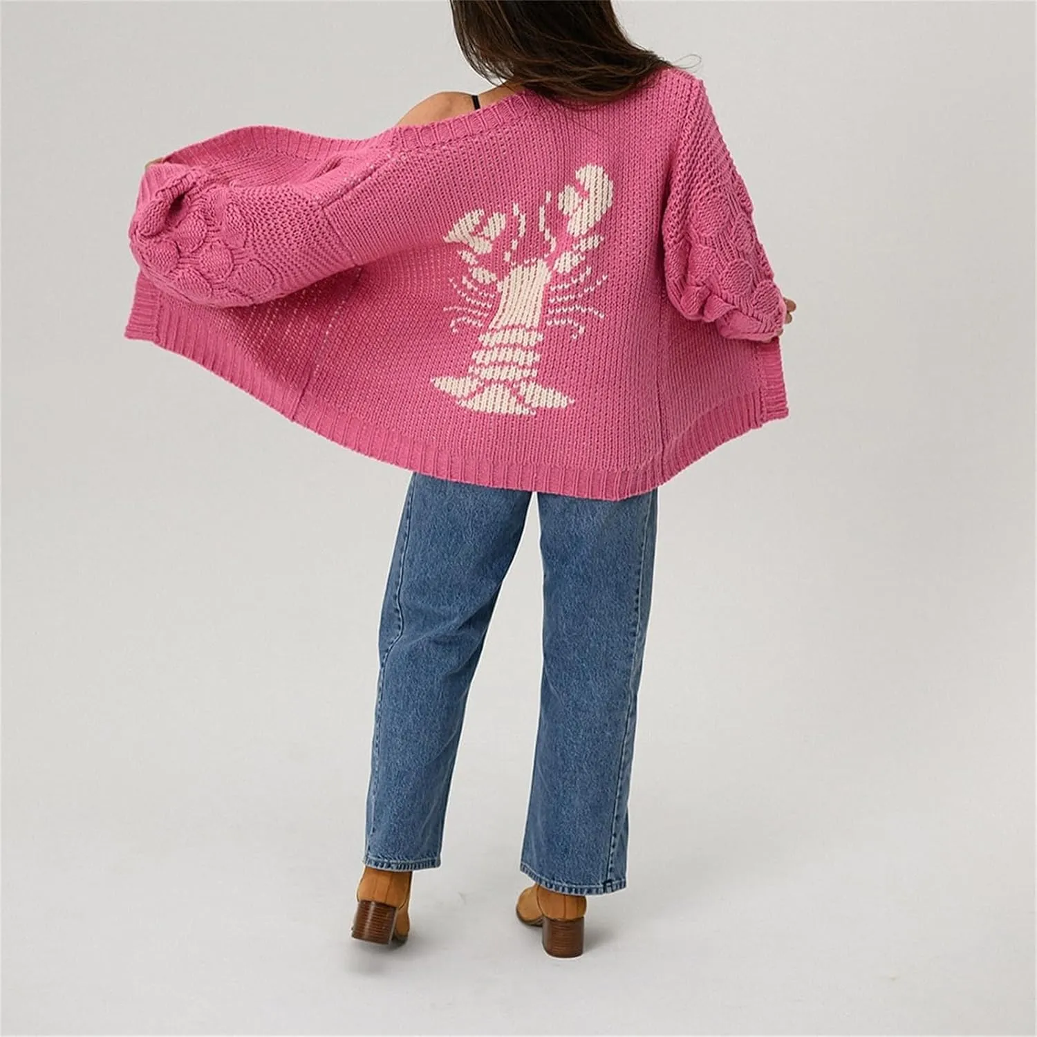 Women Shawl Collar Cardigan Sweater Lobster Print Long Sleeve Button Down Jumper Tops Vintage Chunky Knit Coat