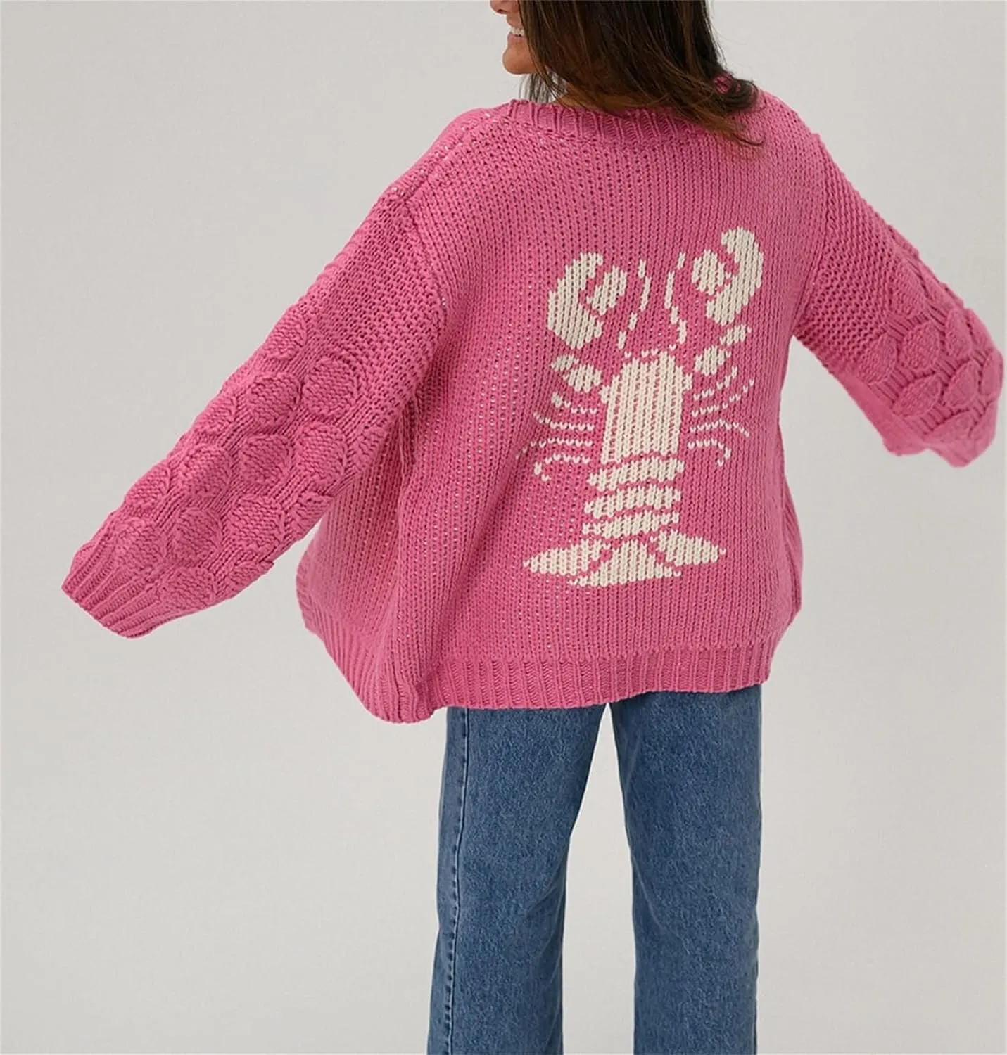 Women Shawl Collar Cardigan Sweater Lobster Print Long Sleeve Button Down Jumper Tops Vintage Chunky Knit Coat