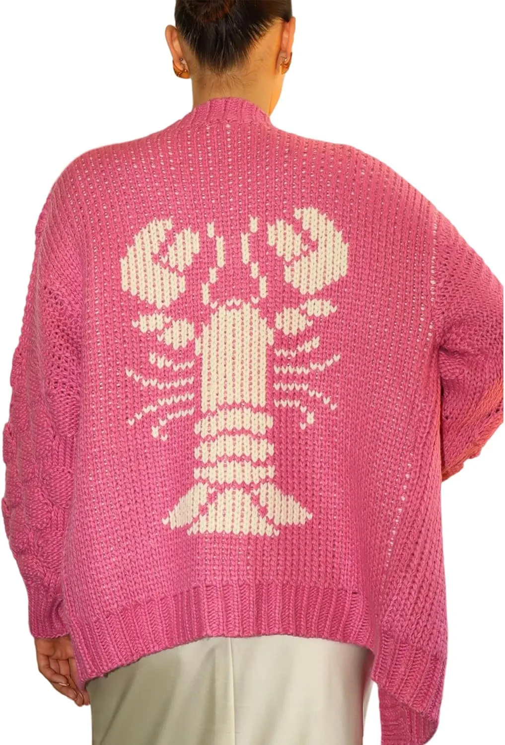 Women Shawl Collar Cardigan Sweater Lobster Print Long Sleeve Button Down Jumper Tops Vintage Chunky Knit Coat