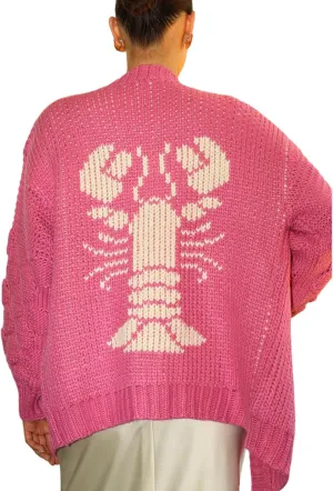 Women Shawl Collar Cardigan Sweater Lobster Print Long Sleeve Button Down Jumper Tops Vintage Chunky Knit Coat