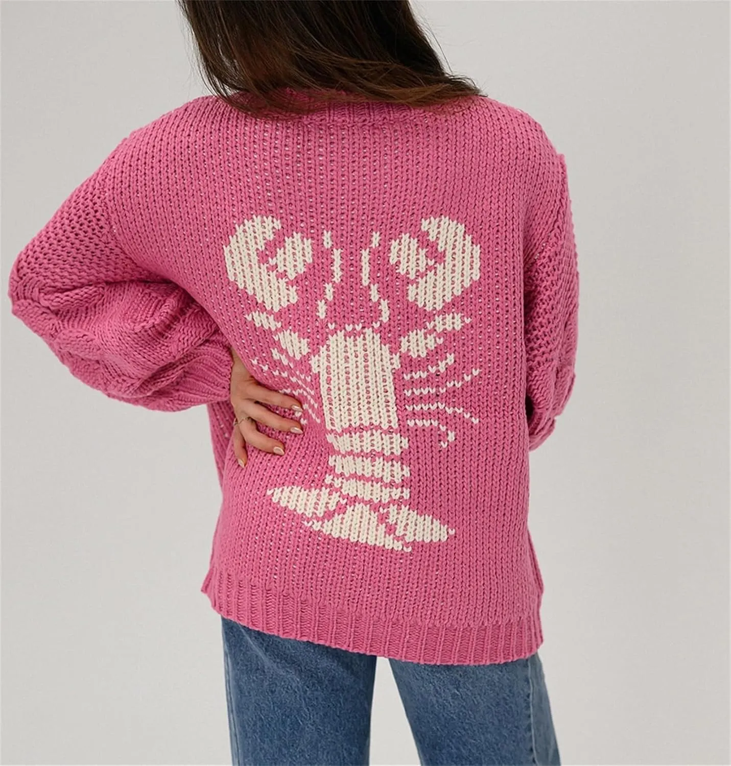 Women Shawl Collar Cardigan Sweater Lobster Print Long Sleeve Button Down Jumper Tops Vintage Chunky Knit Coat