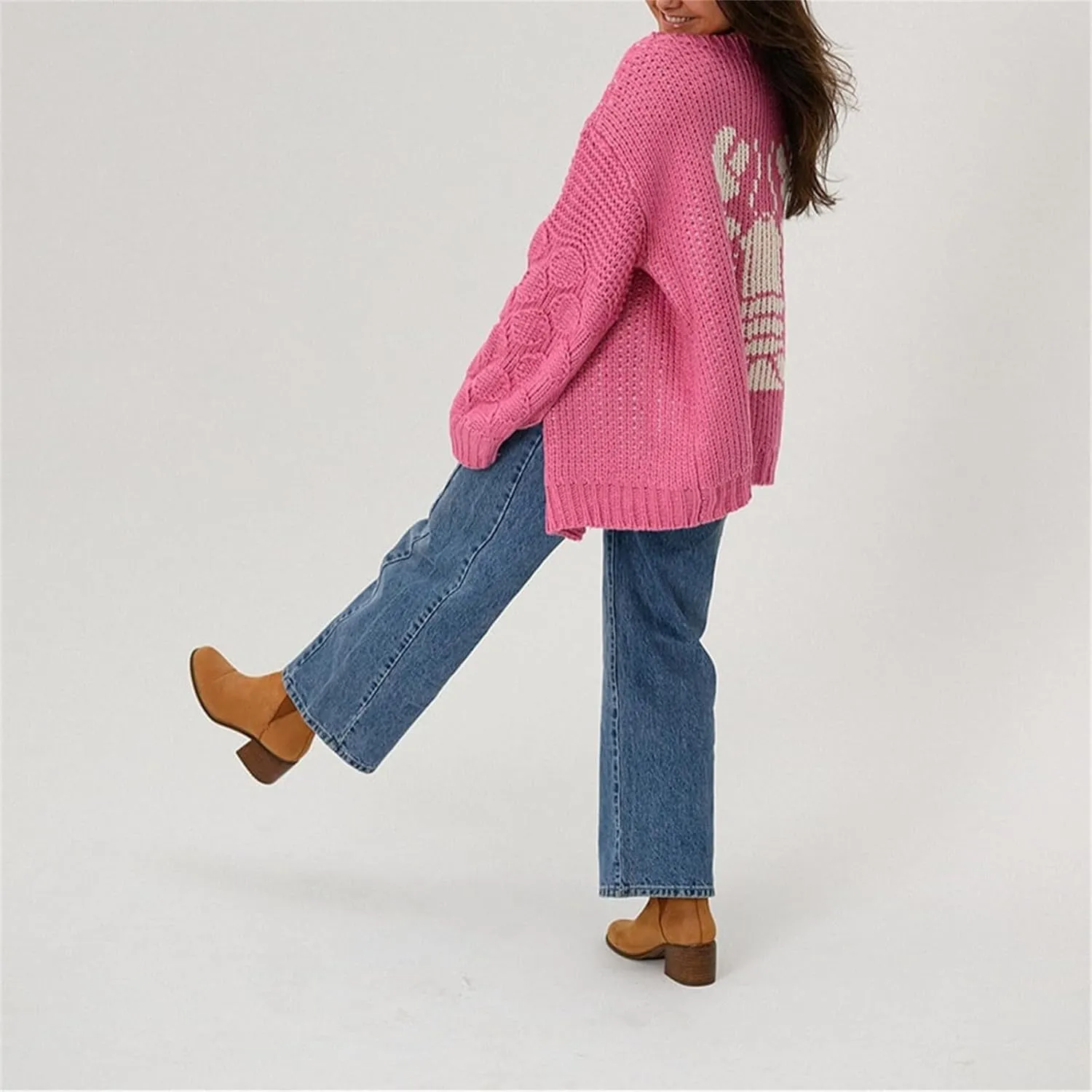 Women Shawl Collar Cardigan Sweater Lobster Print Long Sleeve Button Down Jumper Tops Vintage Chunky Knit Coat