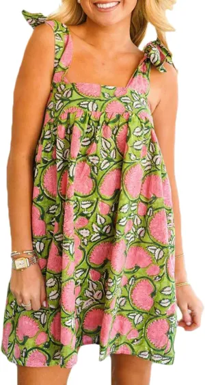 Women Tie Shoulder Mini Dress Boho Floral Babydoll Dress Square Neck Ruffle A Line Flowy Summer Beach Sundress