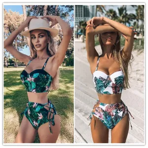 Women Vintage Retro Leaf Print Halter High Waist Bikinis  Bathing Suit