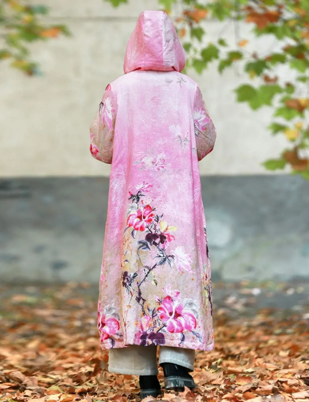 Women Winter Long Overcoat Floral Printed Coat Windbreaker Vintage Chinese Fleece Lined Warm Coat