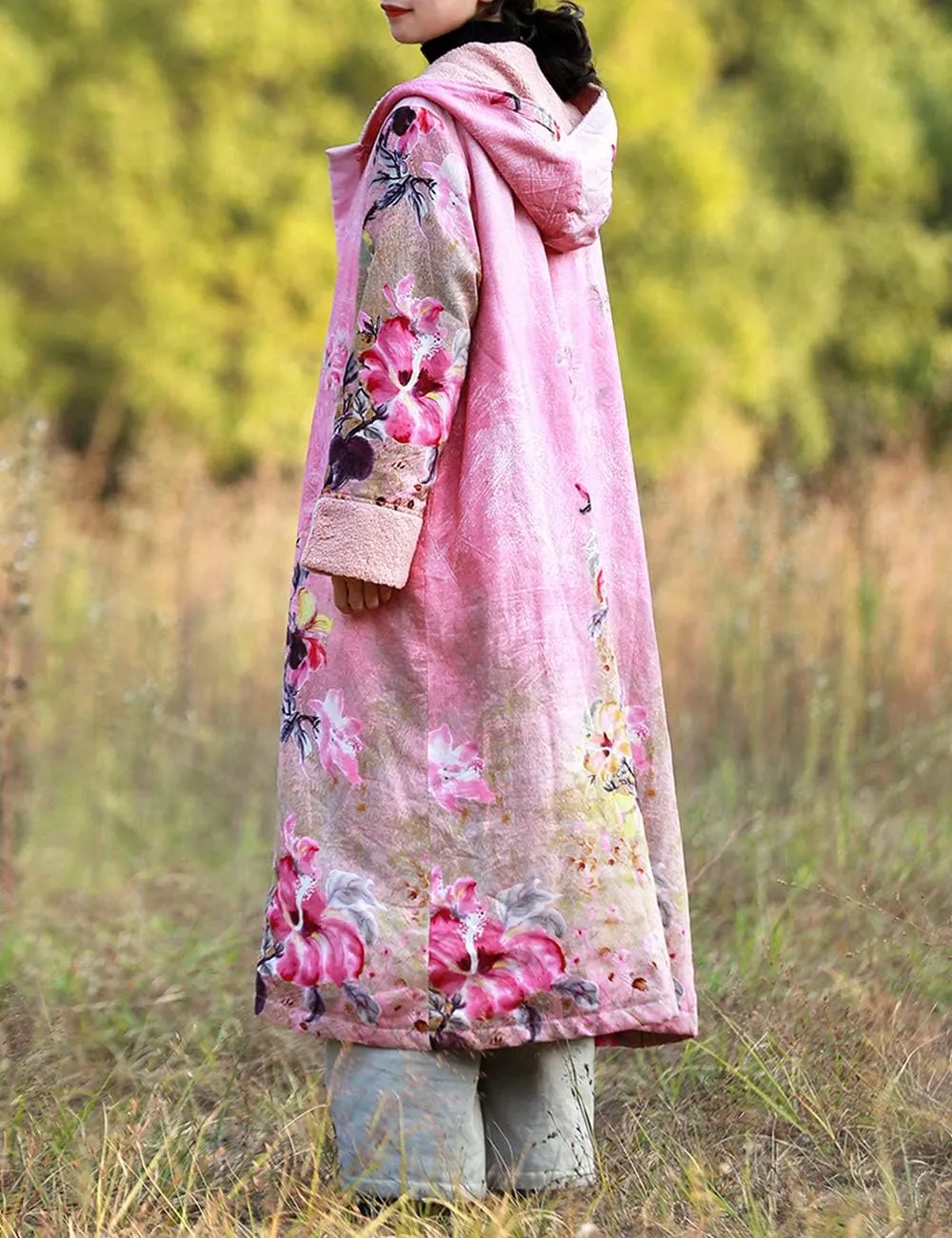 Women Winter Long Overcoat Floral Printed Coat Windbreaker Vintage Chinese Fleece Lined Warm Coat