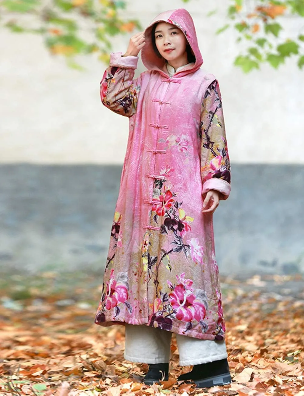 Women Winter Long Overcoat Floral Printed Coat Windbreaker Vintage Chinese Fleece Lined Warm Coat