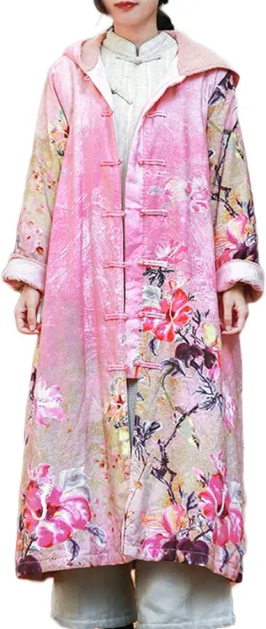 Women Winter Long Overcoat Floral Printed Coat Windbreaker Vintage Chinese Fleece Lined Warm Coat
