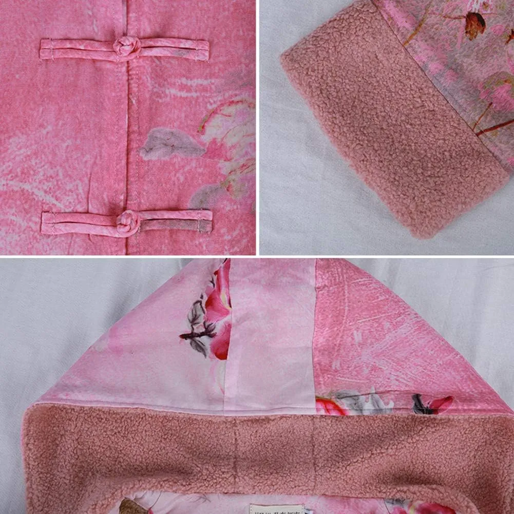 Women Winter Long Overcoat Floral Printed Coat Windbreaker Vintage Chinese Fleece Lined Warm Coat