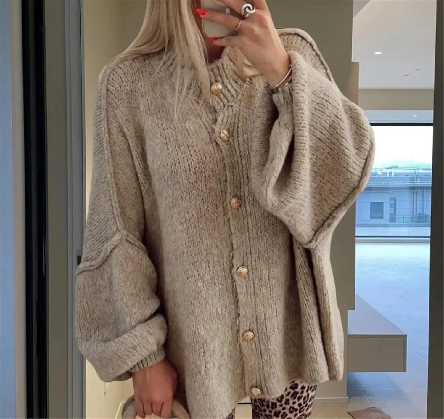 Women Y2k Knit Oversized Cardigan Sweater Casual Batwing Long Sleeve Crewneck Button Down Sweaters Jackets