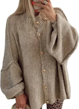 Women Y2k Knit Oversized Cardigan Sweater Casual Batwing Long Sleeve Crewneck Button Down Sweaters Jackets