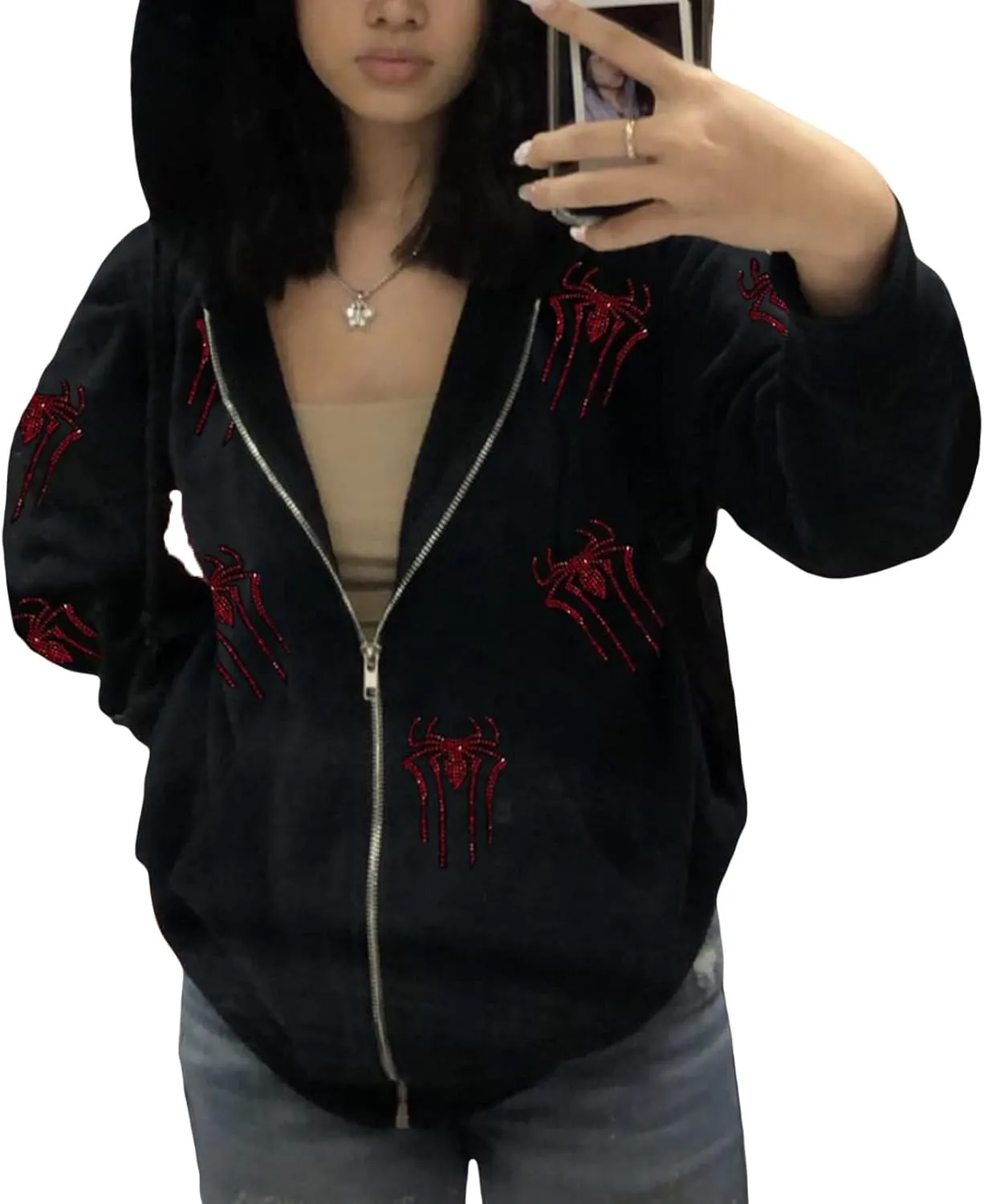Women Y2K Spider Web Hoodies Punk Jackets Streetwear Goth Harajuku Oversized Vintage Graphic Full Zip Up Hoodie
