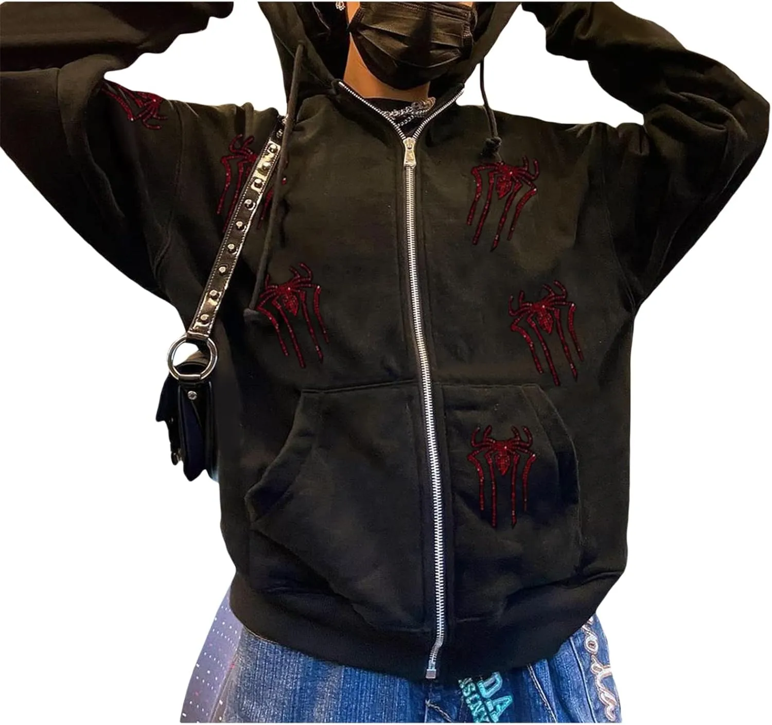 Women Y2K Spider Web Hoodies Punk Jackets Streetwear Goth Harajuku Oversized Vintage Graphic Full Zip Up Hoodie